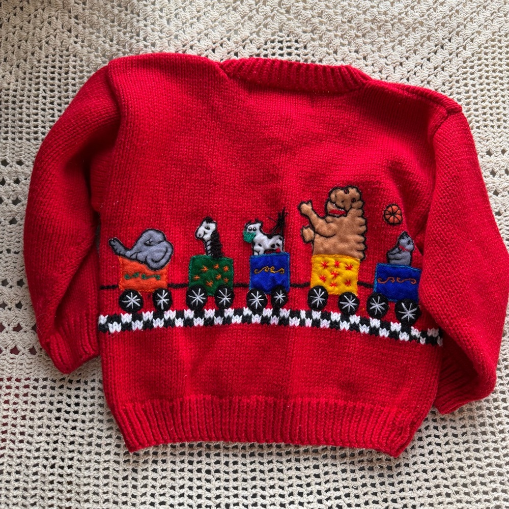 Vintage Toddler Cardigan Sweater Zoo Animal Circus Train Red Size 2 Cotton - Picture 8 of 14